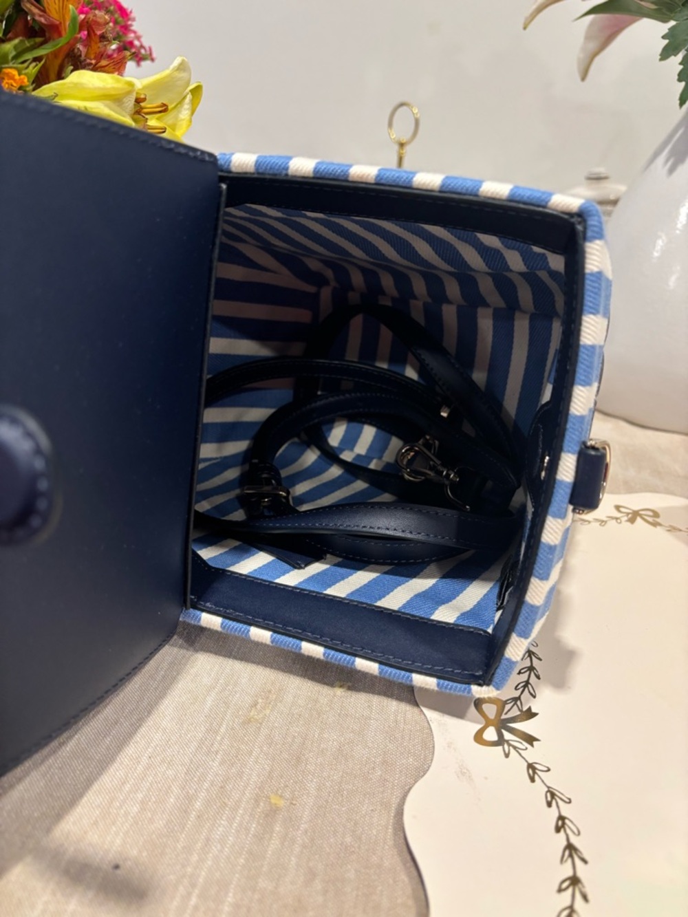 kate spade Navy Woven Picnic Basket Bag with Blue Stripes - Picture 8 of 12